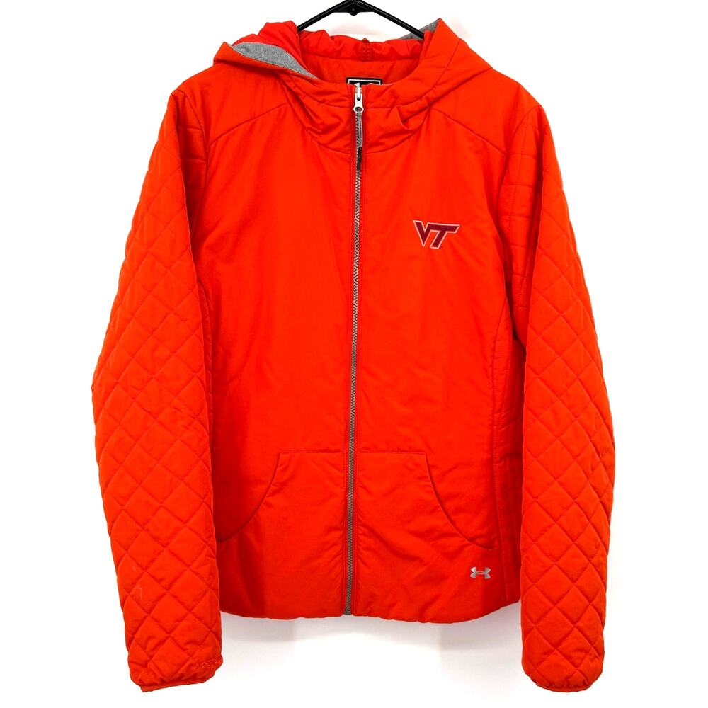 Under Armour Size XL Quilted Hooded Jacket Orange Cold Gear Has Pockets Zip Up